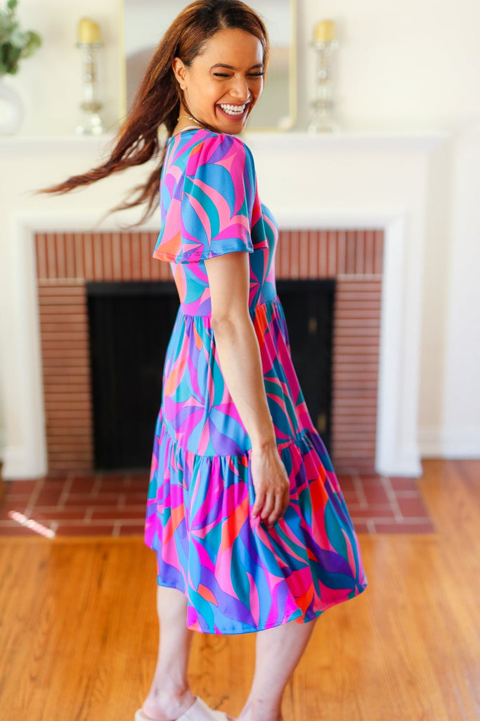 Remember Me Blue & Fuchsia Geo Print V Neck Dress-Timber Brooke Boutique, Online Women's Fashion Boutique in Amarillo, Texas