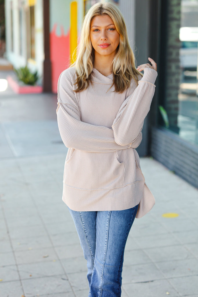 Cozy Up Taupe Mineral Wash Rib Knit Hoodie-Timber Brooke Boutique, Online Women's Fashion Boutique in Amarillo, Texas