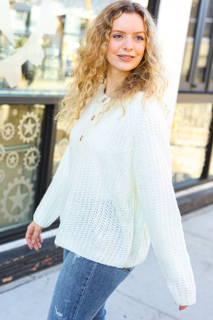 Better Than Ever Ivory Loose Knit Henley Button Sweater-Timber Brooke Boutique, Online Women's Fashion Boutique in Amarillo, Texas