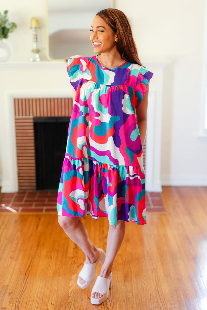 Go For Fun Fuchsia Geo Print Tiered Ruffle Sleeve Woven Dress-Timber Brooke Boutique, Online Women's Fashion Boutique in Amarillo, Texas