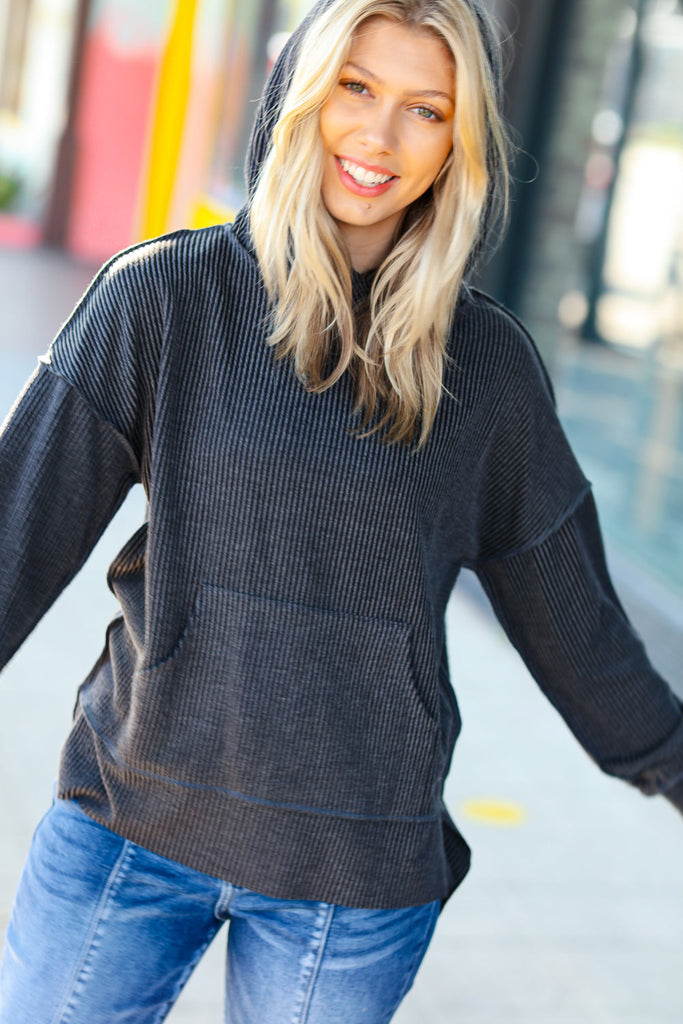 Cozy Up Charcoal Mineral Wash Rib Knit Hoodie-Timber Brooke Boutique, Online Women's Fashion Boutique in Amarillo, Texas