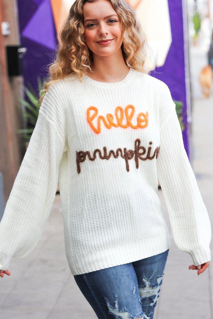 Spotlight Lurex Embroidered Neon "Hello Pumpkin" Chunky Sweater-Sweaters-Timber Brooke Boutique, Online Women's Fashion Boutique in Amarillo, Texas