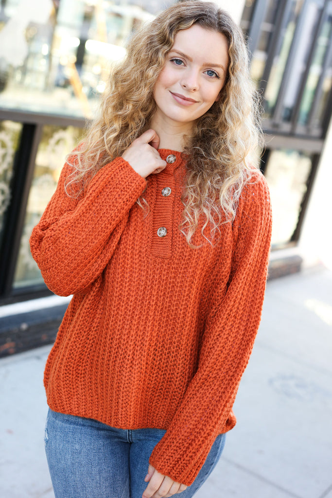 Better Than Ever Rust Loose Knit Henley Button Sweater-Timber Brooke Boutique, Online Women's Fashion Boutique in Amarillo, Texas