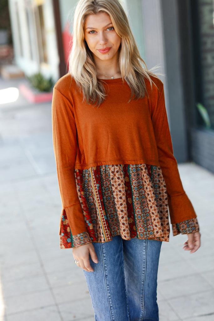 Autumn Days Rust Babydoll Paisley Bell Sleeve Top-Timber Brooke Boutique, Online Women's Fashion Boutique in Amarillo, Texas