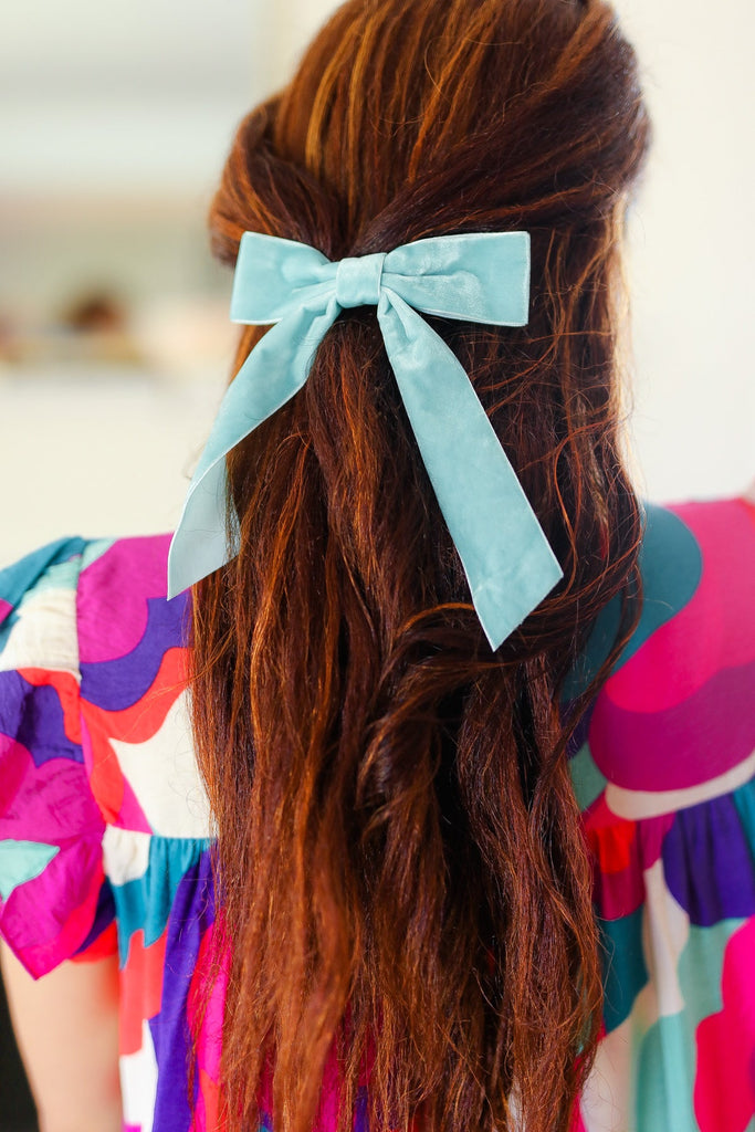 Baby Blue Velvet Barrette Clip Bow-Timber Brooke Boutique, Online Women's Fashion Boutique in Amarillo, Texas