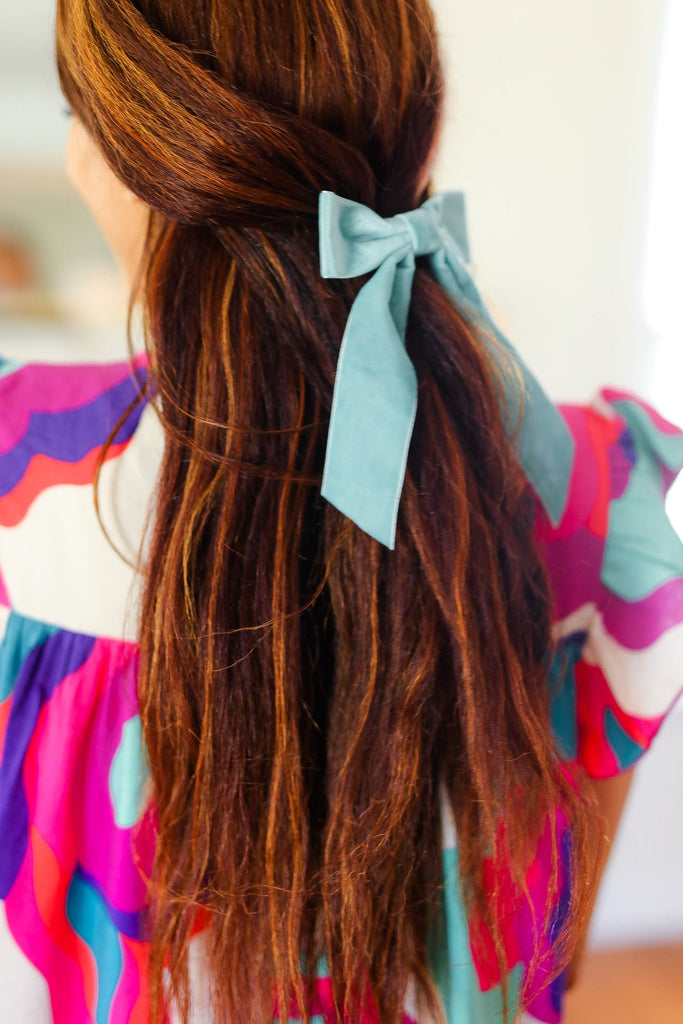 Baby Blue Velvet Barrette Clip Bow-Timber Brooke Boutique, Online Women's Fashion Boutique in Amarillo, Texas