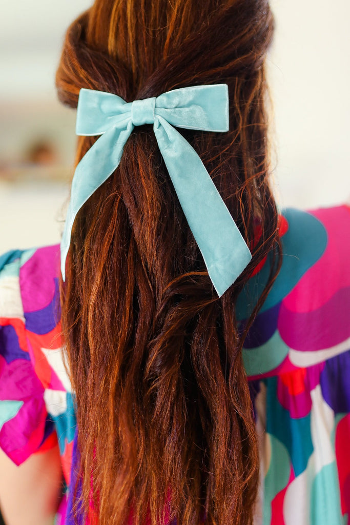 Baby Blue Velvet Barrette Clip Bow-Timber Brooke Boutique, Online Women's Fashion Boutique in Amarillo, Texas