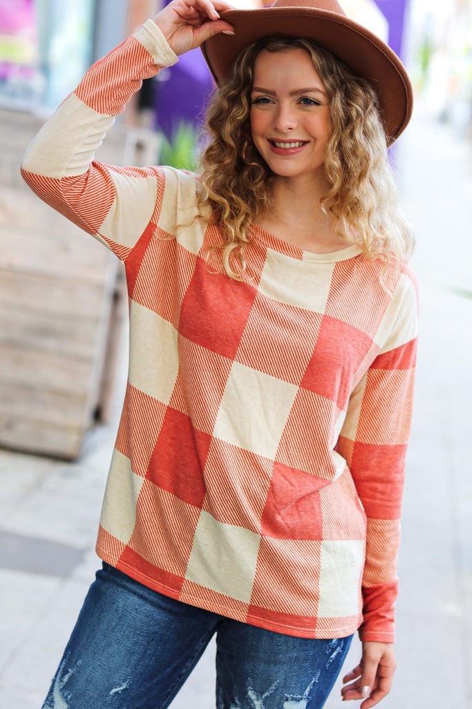 Rust Checker Plaid French Terry Top-Timber Brooke Boutique, Online Women's Fashion Boutique in Amarillo, Texas