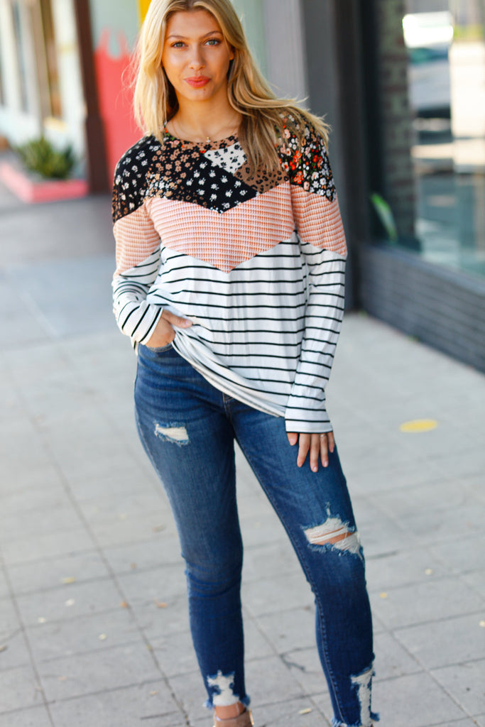 Rocking It Black & Rust Chevron Floral Two-Tone Stripe Top-Long Sleeve Tops-Timber Brooke Boutique, Online Women's Fashion Boutique in Amarillo, Texas