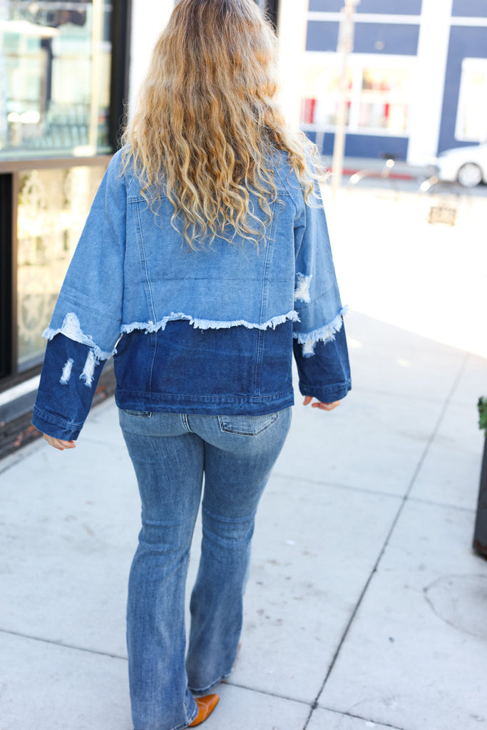 Easy Moves Blue Color Block Distressed Denim Jacket-Timber Brooke Boutique, Online Women's Fashion Boutique in Amarillo, Texas