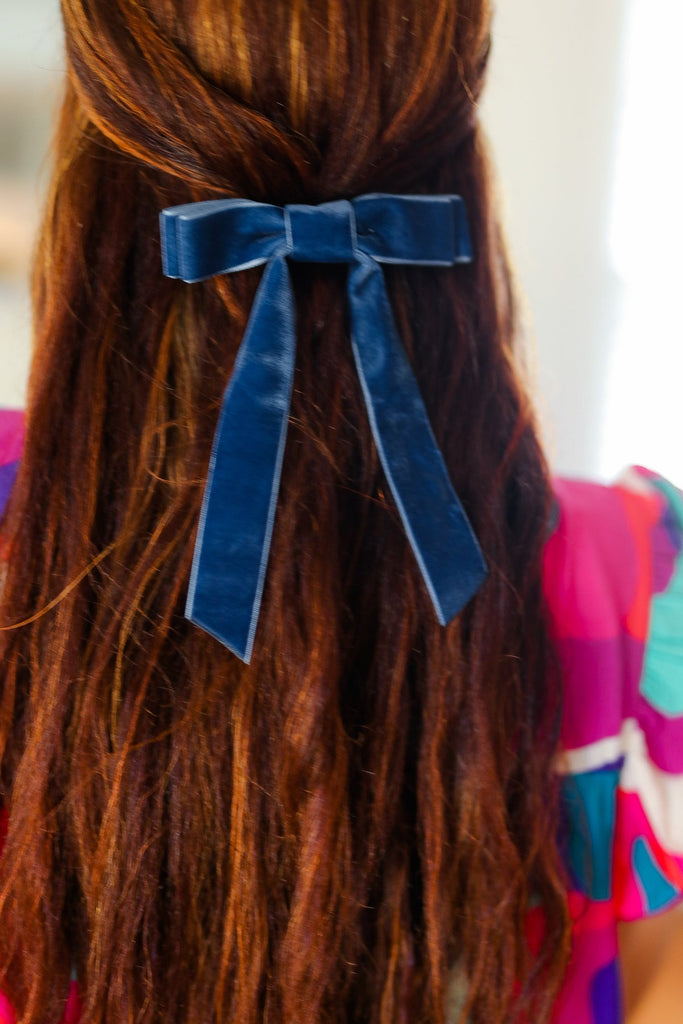 Navy Blue Velvet Clip-On Double Bow-Timber Brooke Boutique, Online Women's Fashion Boutique in Amarillo, Texas