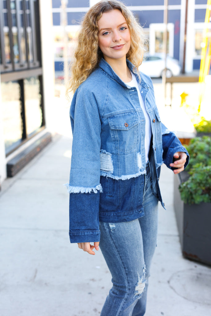 Easy Moves Blue Color Block Distressed Denim Jacket-Timber Brooke Boutique, Online Women's Fashion Boutique in Amarillo, Texas