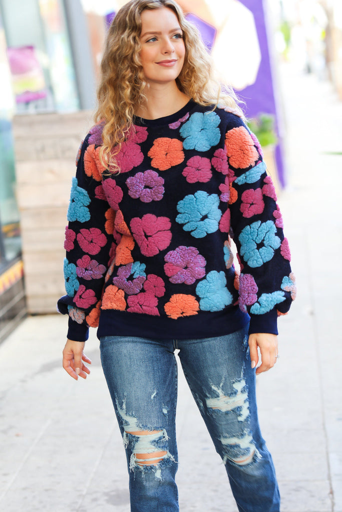 Feeling Joyful Navy & Fuchsia Embroidered Sherpa Flower Pullover-Sweaters-Timber Brooke Boutique, Online Women's Fashion Boutique in Amarillo, Texas