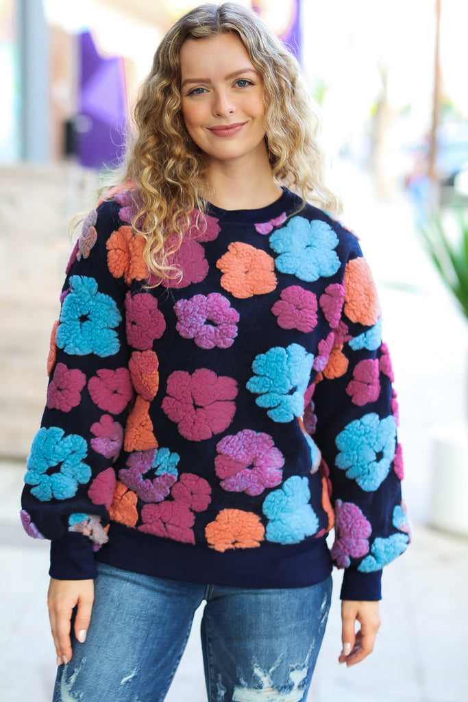 Feeling Joyful Navy & Fuchsia Embroidered Sherpa Flower Pullover-Sweaters-Timber Brooke Boutique, Online Women's Fashion Boutique in Amarillo, Texas