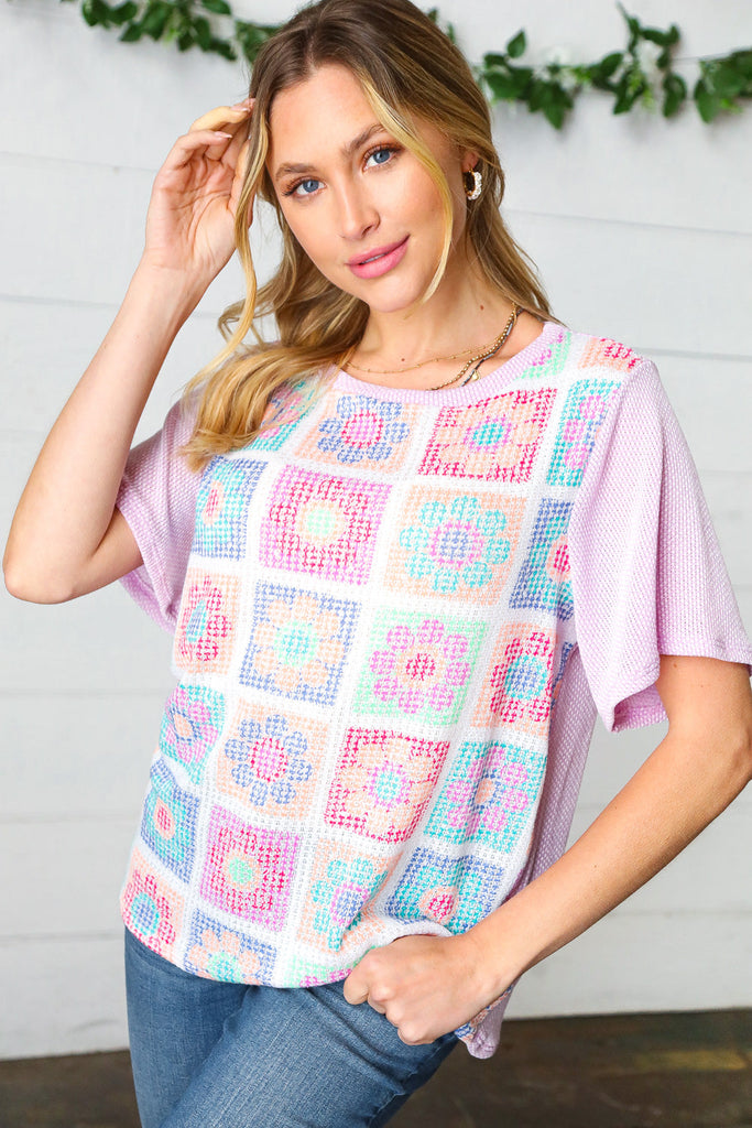 Lavender Flower Power Color Block Top-Short Sleeve Top-Timber Brooke Boutique, Online Women's Fashion Boutique in Amarillo, Texas