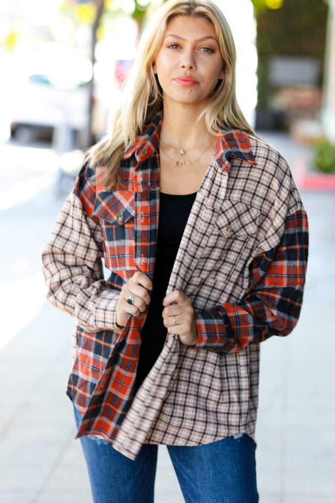 Calling On You Rust & Taupe Plaid Color Block Shacket-Timber Brooke Boutique, Online Women's Fashion Boutique in Amarillo, Texas