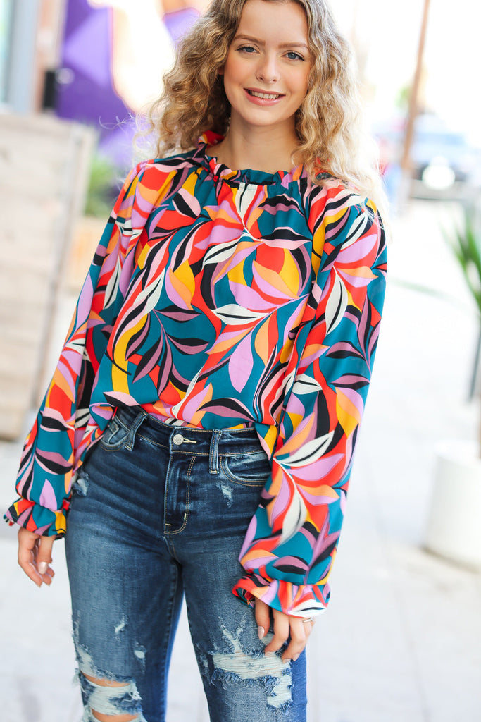Weekend Vibes Teal & Rust Abstract Print Frill Neck Top-Timber Brooke Boutique, Online Women's Fashion Boutique in Amarillo, Texas