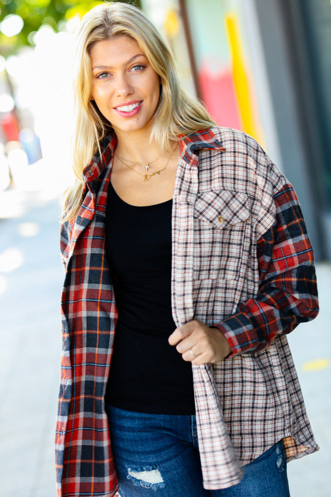 Calling On You Rust & Taupe Plaid Color Block Shacket-Timber Brooke Boutique, Online Women's Fashion Boutique in Amarillo, Texas