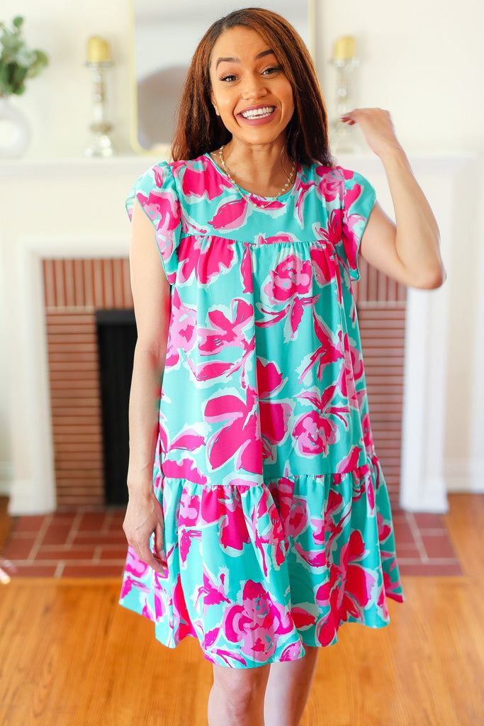 Diva Dreaming Aqua & Fuchsia Floral Print Tiered Ruffle Sleeve Dress-Timber Brooke Boutique, Online Women's Fashion Boutique in Amarillo, Texas