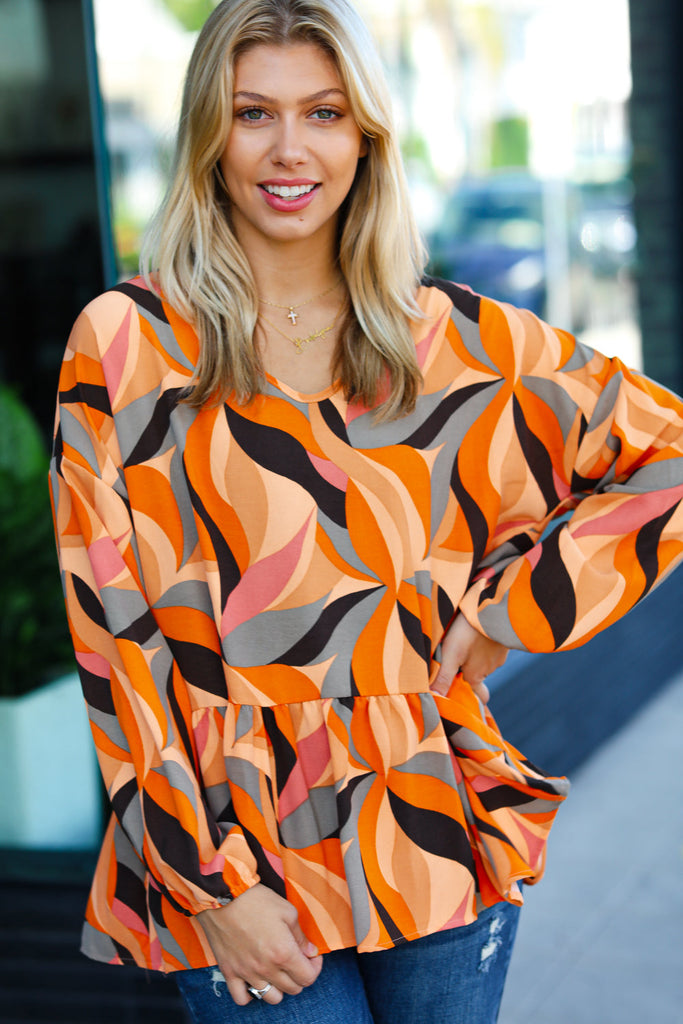 In My Thoughts Rust Abstract V Neck Peplum Top-Timber Brooke Boutique, Online Women's Fashion Boutique in Amarillo, Texas