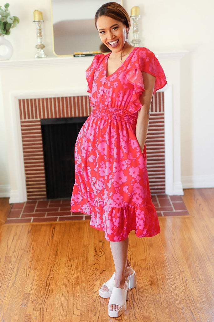 Remember Me Red & Pink Floral Print Smocked Waist Midi Dress-Timber Brooke Boutique, Online Women's Fashion Boutique in Amarillo, Texas