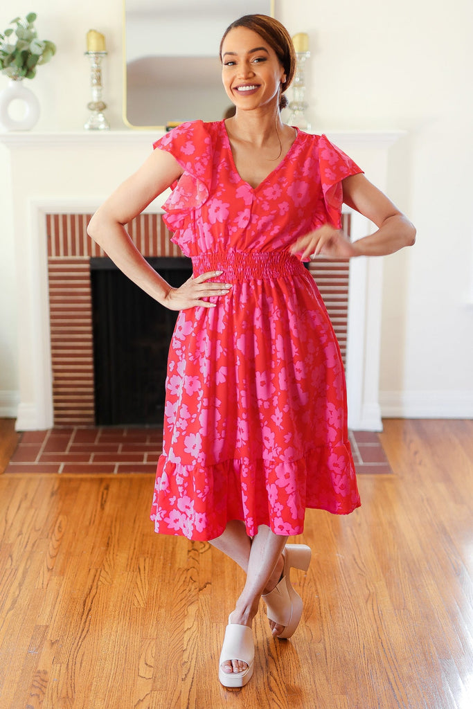 Remember Me Red & Pink Floral Print Smocked Waist Midi Dress-Timber Brooke Boutique, Online Women's Fashion Boutique in Amarillo, Texas