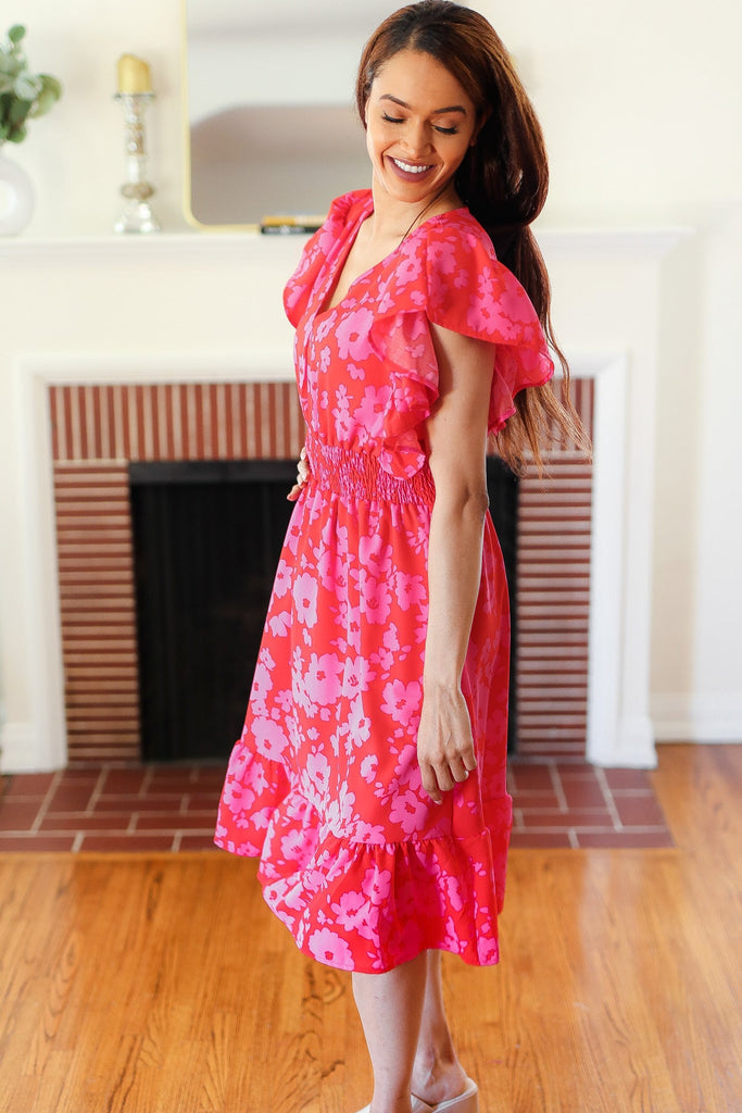 Remember Me Red & Pink Floral Print Smocked Waist Midi Dress-Timber Brooke Boutique, Online Women's Fashion Boutique in Amarillo, Texas