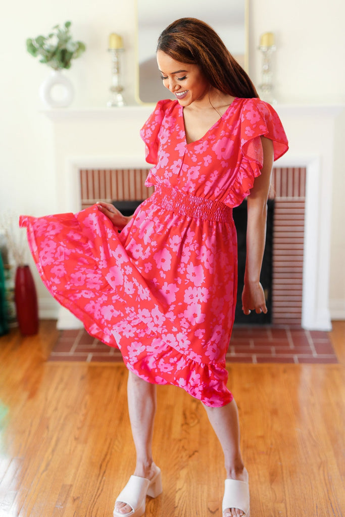 Remember Me Red & Pink Floral Print Smocked Waist Midi Dress-Timber Brooke Boutique, Online Women's Fashion Boutique in Amarillo, Texas