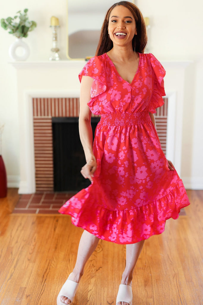 Remember Me Red & Pink Floral Print Smocked Waist Midi Dress-Timber Brooke Boutique, Online Women's Fashion Boutique in Amarillo, Texas