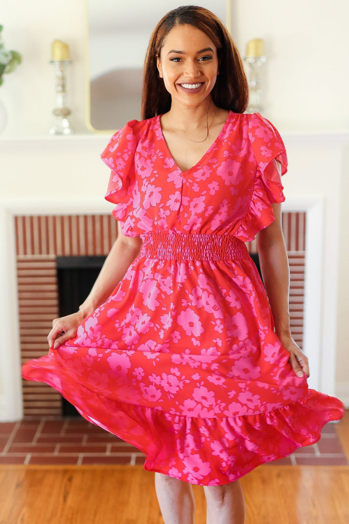 Remember Me Red & Pink Floral Print Smocked Waist Midi Dress-Timber Brooke Boutique, Online Women's Fashion Boutique in Amarillo, Texas