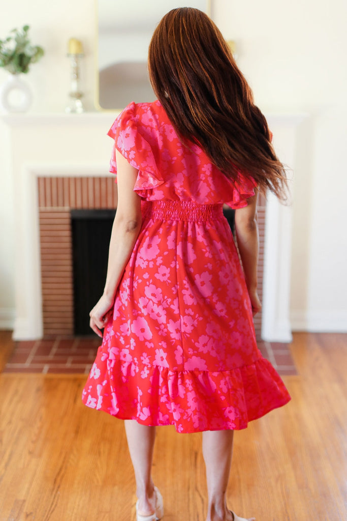 Remember Me Red & Pink Floral Print Smocked Waist Midi Dress-Timber Brooke Boutique, Online Women's Fashion Boutique in Amarillo, Texas