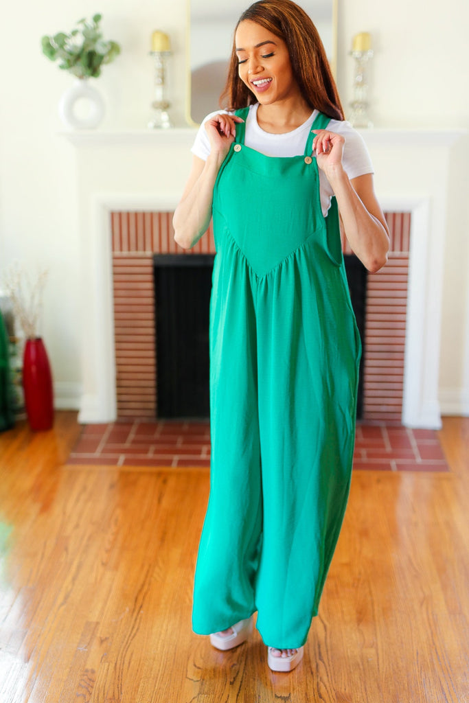 Summer Dreaming Emerald Wide Leg Suspender Overall Jumpsuit-Timber Brooke Boutique, Online Women's Fashion Boutique in Amarillo, Texas