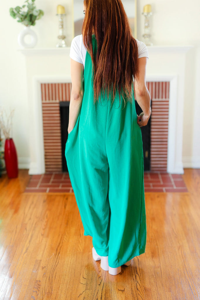 Summer Dreaming Emerald Wide Leg Suspender Overall Jumpsuit-Timber Brooke Boutique, Online Women's Fashion Boutique in Amarillo, Texas