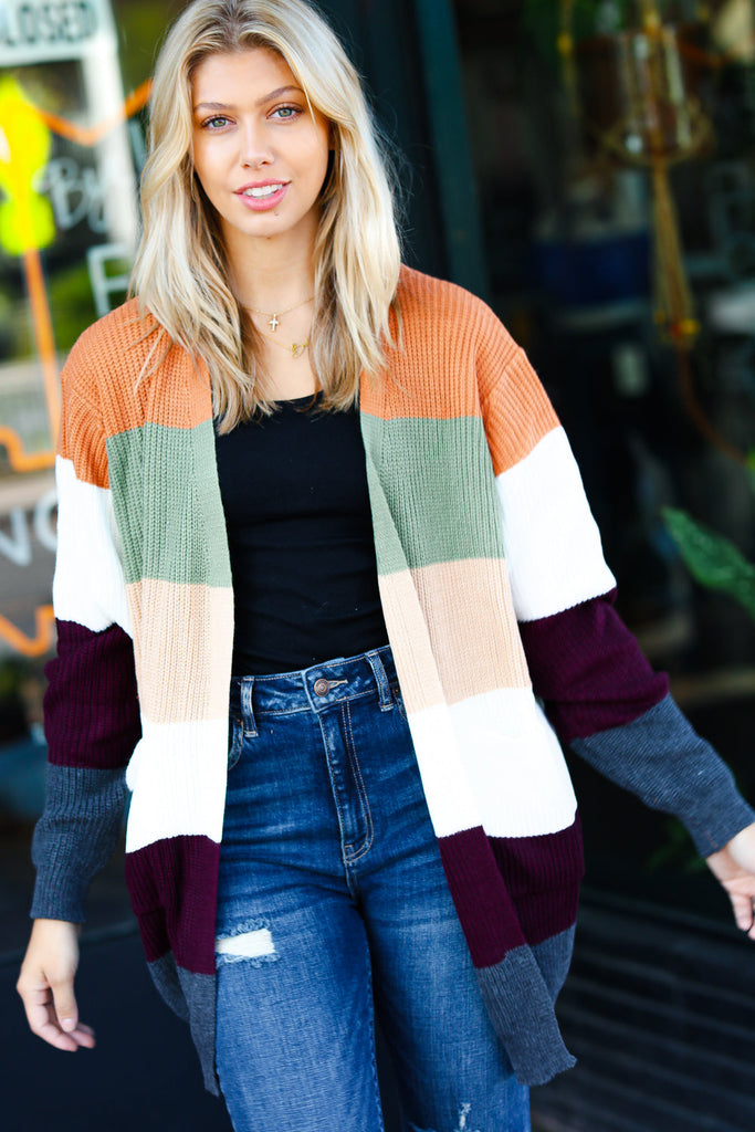 Perfectly You Plum & Olive Color Block Open Cardigan-Timber Brooke Boutique, Online Women's Fashion Boutique in Amarillo, Texas