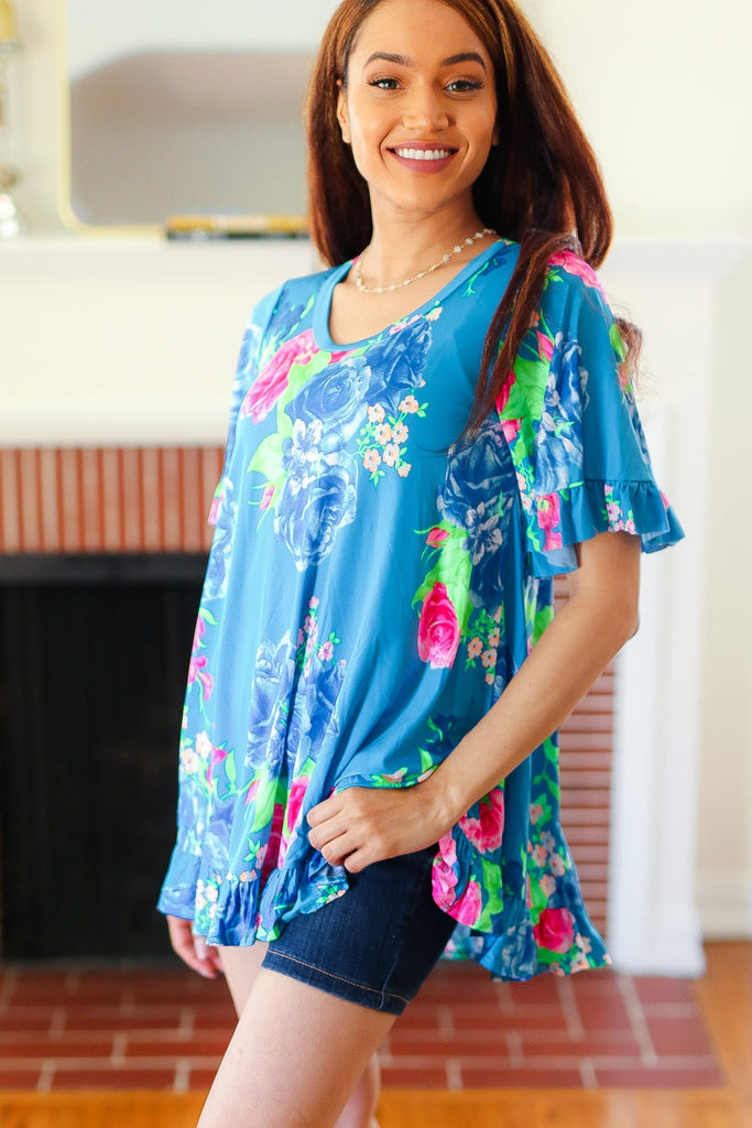 Feeling Playful Blue Floral Ruffle Sleeve & Hem Tunic Top-Timber Brooke Boutique, Online Women's Fashion Boutique in Amarillo, Texas