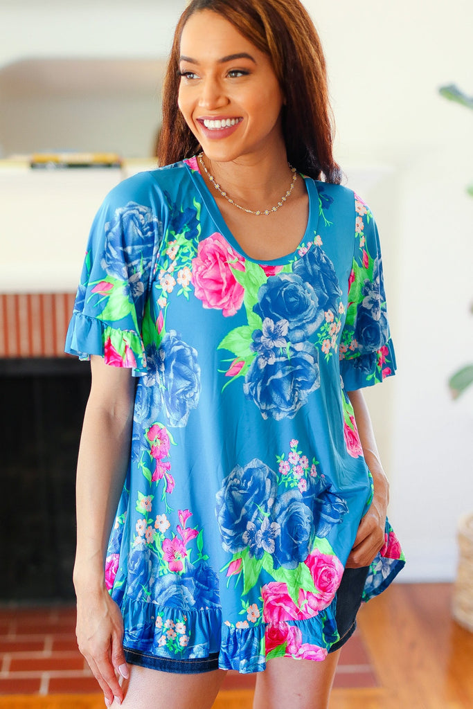 Feeling Playful Blue Floral Ruffle Sleeve & Hem Tunic Top-Timber Brooke Boutique, Online Women's Fashion Boutique in Amarillo, Texas