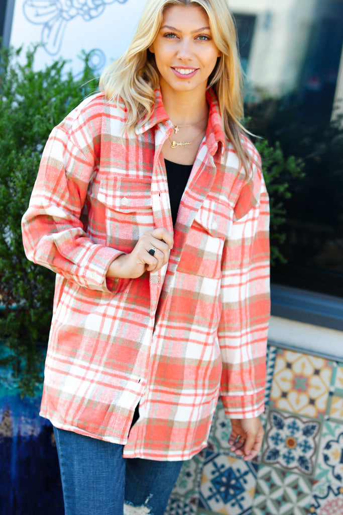 Layer Up Orange Plaid Flannel Button Down Shacket-Coats & Jackets-Timber Brooke Boutique, Online Women's Fashion Boutique in Amarillo, Texas