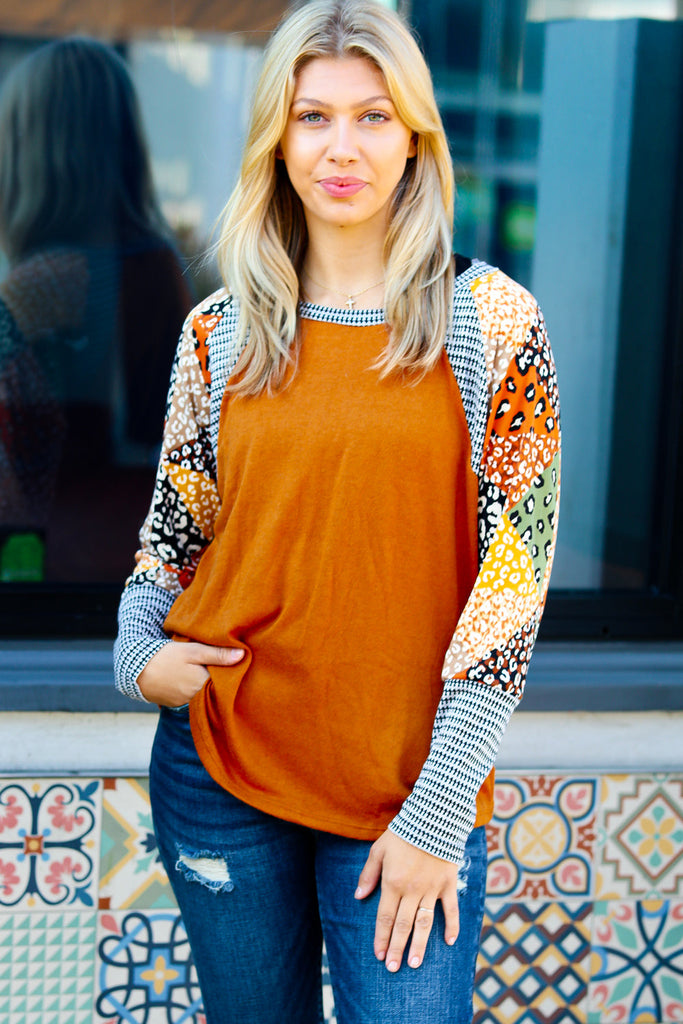 Feeling Myself Rust & Black Animal Print Two Tone Raglan Top-Long Sleeve Tops-Timber Brooke Boutique, Online Women's Fashion Boutique in Amarillo, Texas
