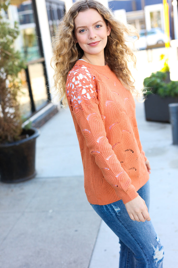 Give Joy Peach Pointelle Shoulder Lace Sweater-Timber Brooke Boutique, Online Women's Fashion Boutique in Amarillo, Texas