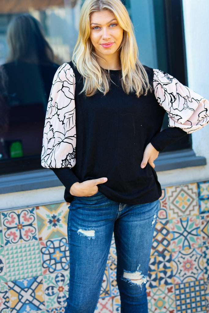 Date Night Black Velvet Floral Mesh Bubble Sleeve Top-Timber Brooke Boutique, Online Women's Fashion Boutique in Amarillo, Texas