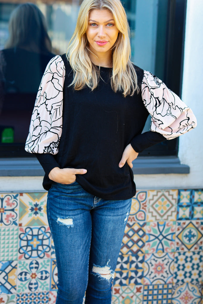 Date Night Black Velvet Floral Mesh Bubble Sleeve Top-Timber Brooke Boutique, Online Women's Fashion Boutique in Amarillo, Texas