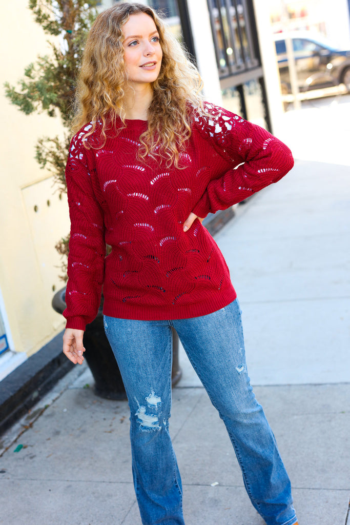 Feeling Fun Burgundy Pointelle Lace Shoulder Knit Sweater-Timber Brooke Boutique, Online Women's Fashion Boutique in Amarillo, Texas
