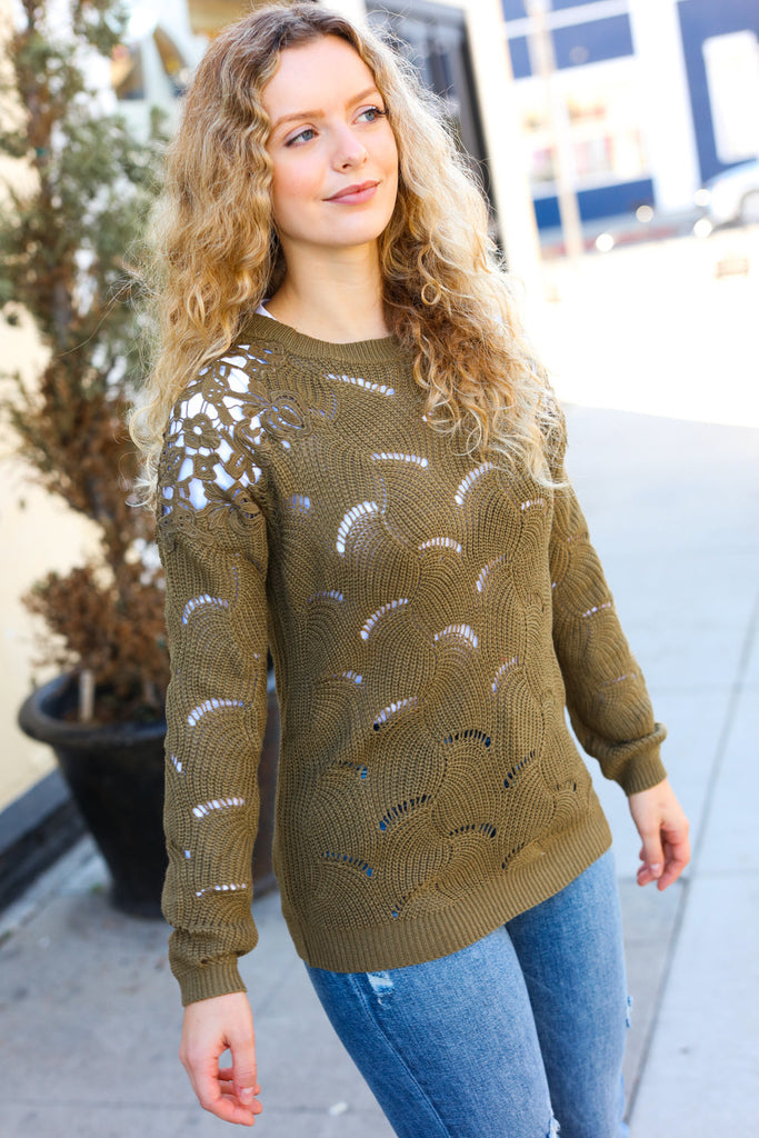 Feeling Fun Olive Pointelle Lace Shoulder Knit Sweater-Timber Brooke Boutique, Online Women's Fashion Boutique in Amarillo, Texas