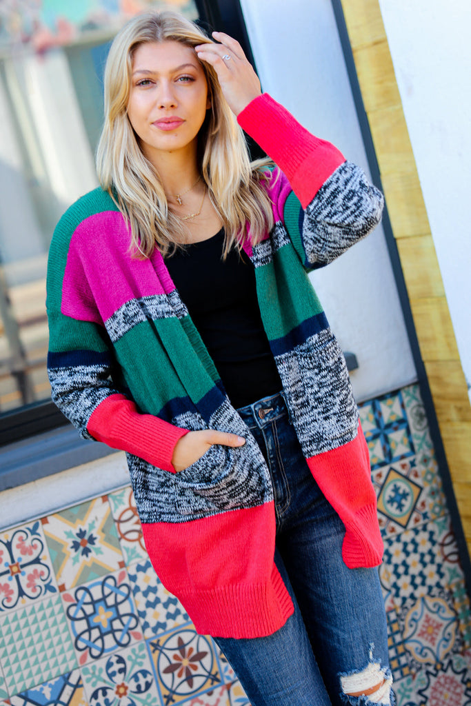Face The Day Magenta & Hunter Green Two Tone Cardigan-Timber Brooke Boutique, Online Women's Fashion Boutique in Amarillo, Texas