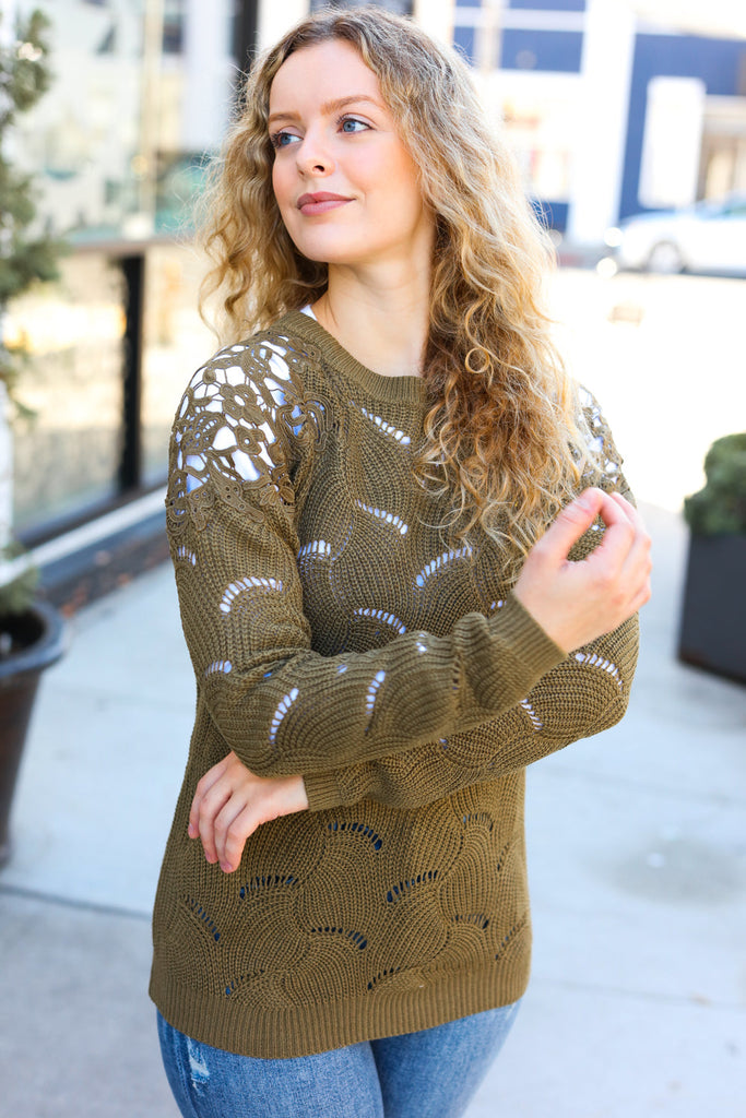 Feeling Fun Olive Pointelle Lace Shoulder Knit Sweater-Timber Brooke Boutique, Online Women's Fashion Boutique in Amarillo, Texas