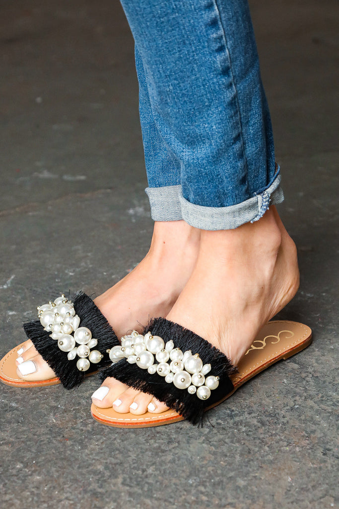 Black Linen Fray Beaded Faux Pearl Slide Sandal-Timber Brooke Boutique, Online Women's Fashion Boutique in Amarillo, Texas