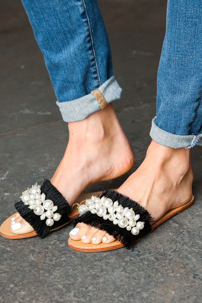 Black Linen Fray Beaded Faux Pearl Slide Sandal-Timber Brooke Boutique, Online Women's Fashion Boutique in Amarillo, Texas