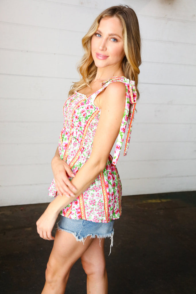 Ivory & Fuchsia Floral Smocked Shoulder Tie Top-Timber Brooke Boutique, Online Women's Fashion Boutique in Amarillo, Texas
