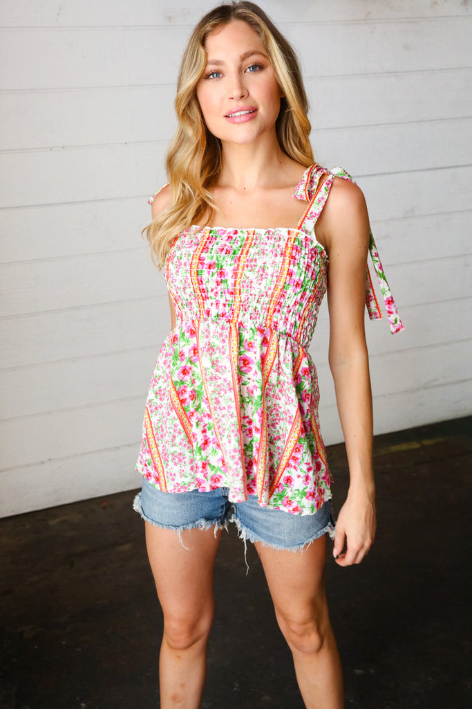 Ivory & Fuchsia Floral Smocked Shoulder Tie Top-Timber Brooke Boutique, Online Women's Fashion Boutique in Amarillo, Texas