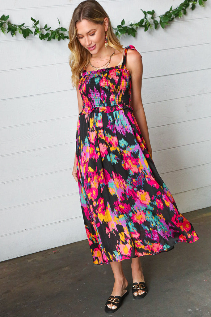 Black Smeared Floral Print Tie Shoulder Midi Dress-Timber Brooke Boutique, Online Women's Fashion Boutique in Amarillo, Texas